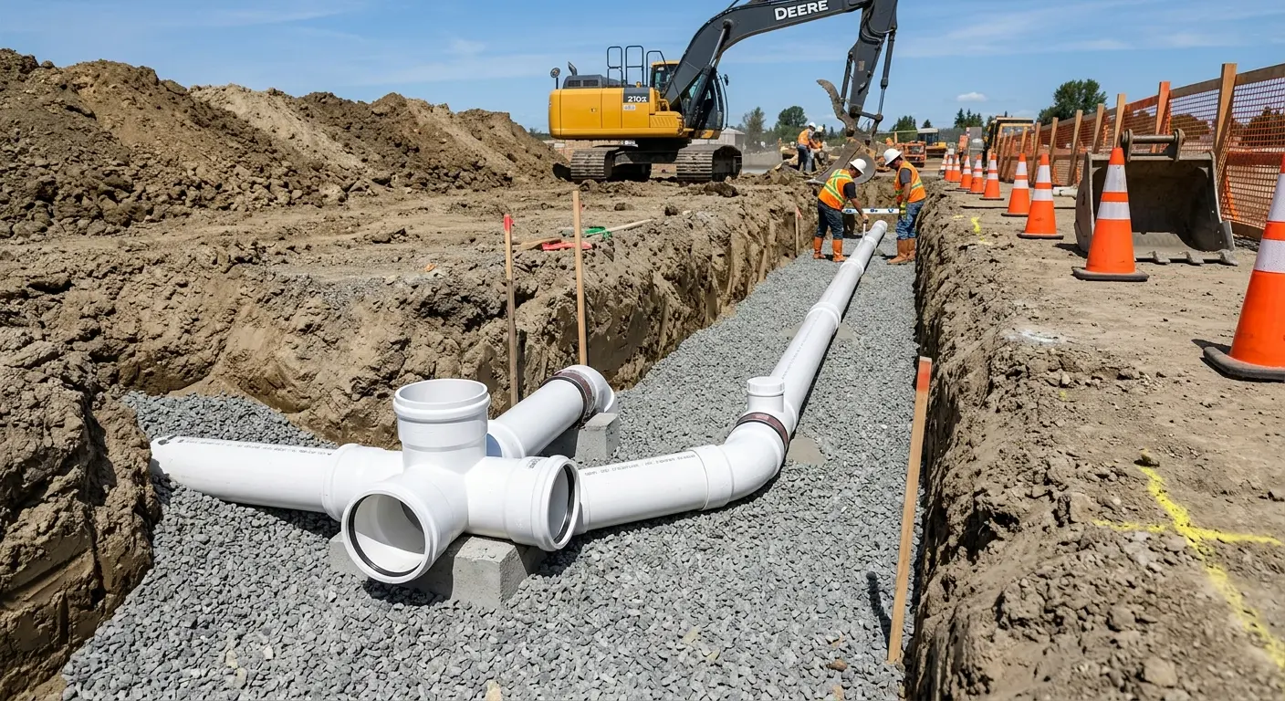 New PVC sewer pipe installation in open trench for Sewer Backup in Joppatowne