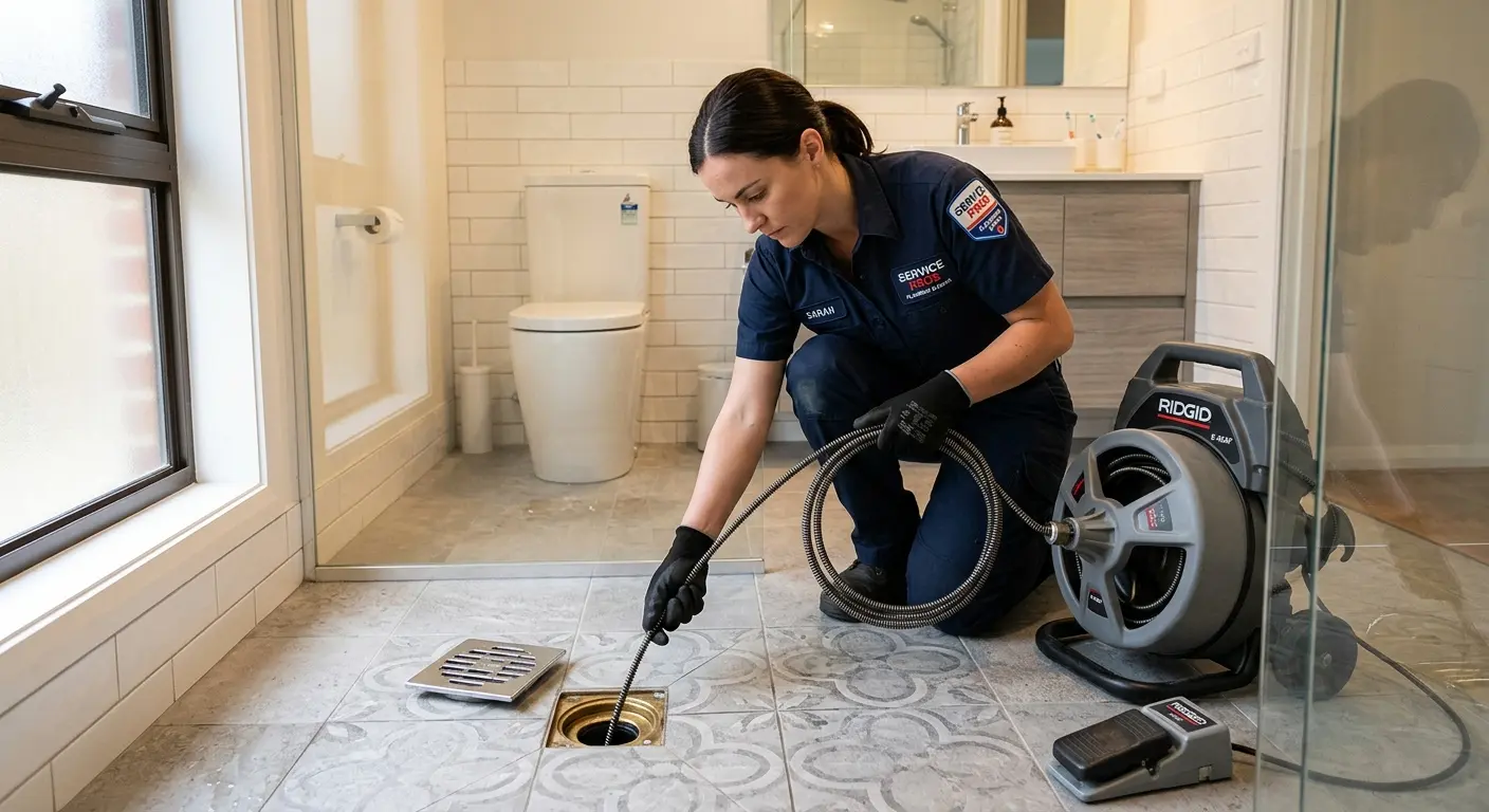 Technician clearing a bathroom floor drain for Drain Cleaning in Joppatowne